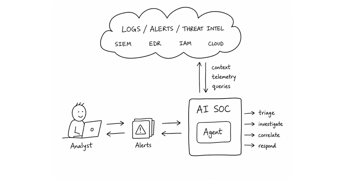 Diagram showing an AI SOC agent exchanging context with SIEM, EDR, IAM, and cloud systems, with an analyst supervising alerts and response.