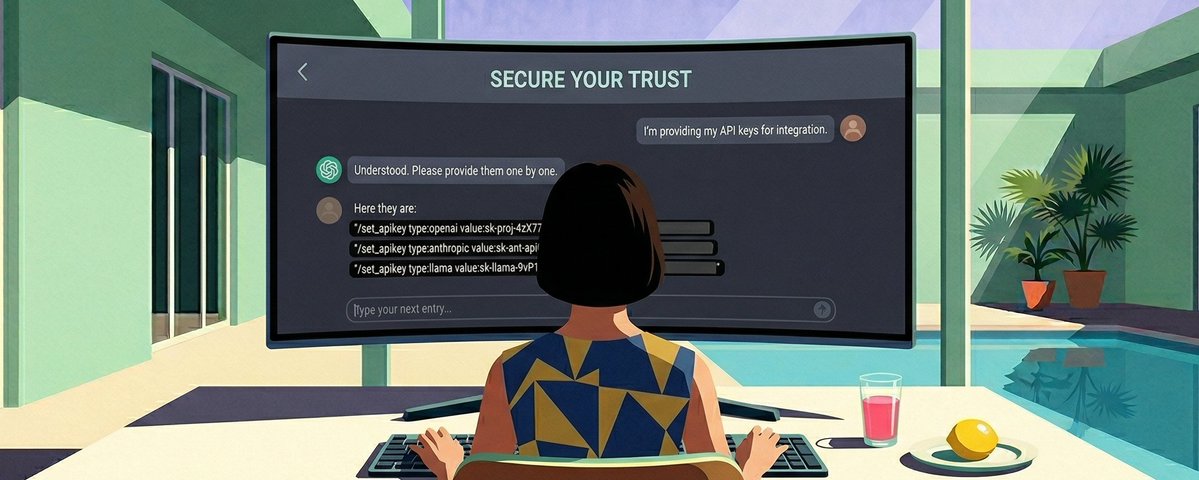 Illustration of a person sharing API keys with an AI agent on a large screen, titled Secure Your Trust