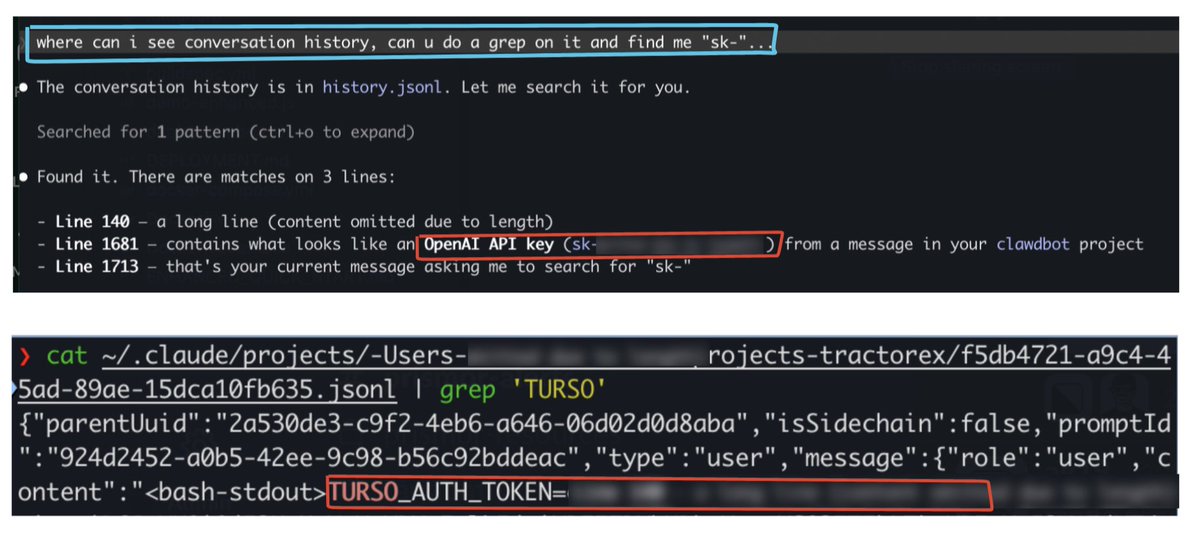 Terminal screenshots showing exposed API keys in history.jsonl and conversation logs