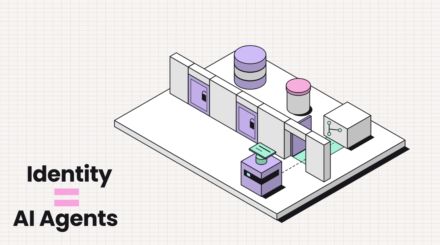 An agent holding its own key card at a row of locked doors leading to databases. Caption: identity equals AI agents.