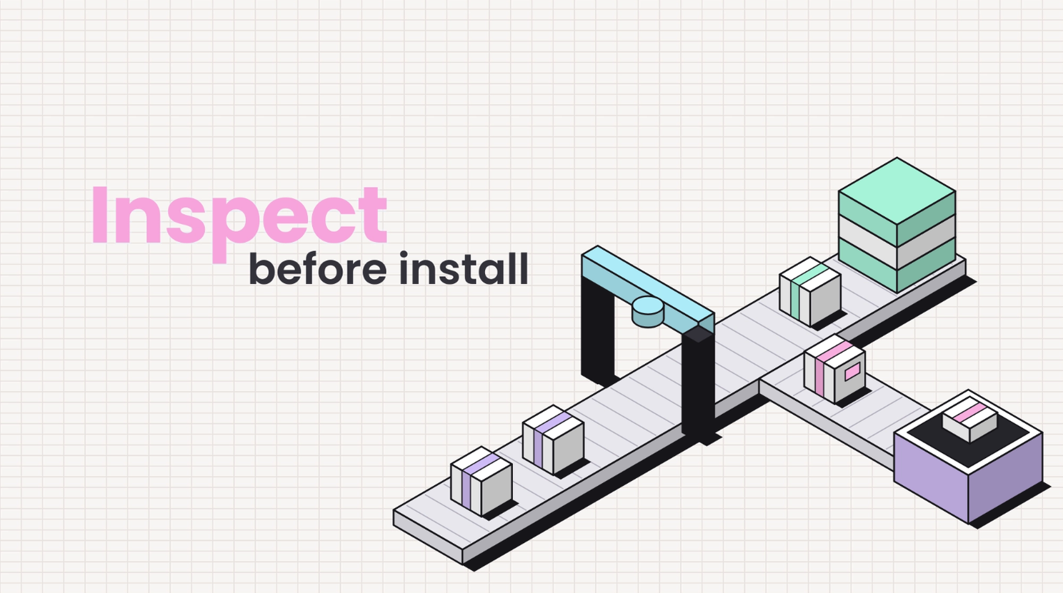 Packages on a conveyor belt pass through a scanner gate, with suspect ones diverted before reaching the agent. Caption: inspect before install.
