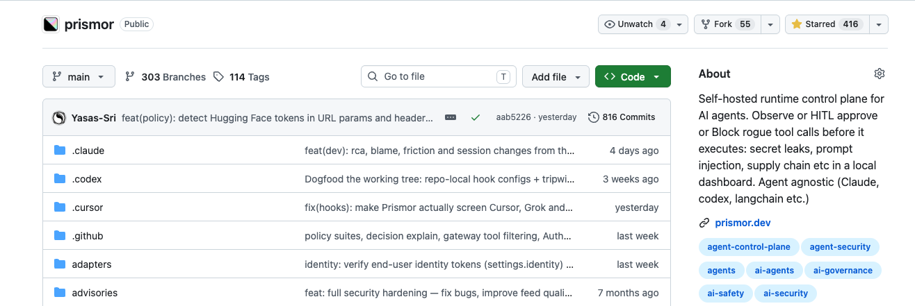 The PrismorSec/prismor repository on GitHub: a self-hosted runtime control plane for AI agents.
