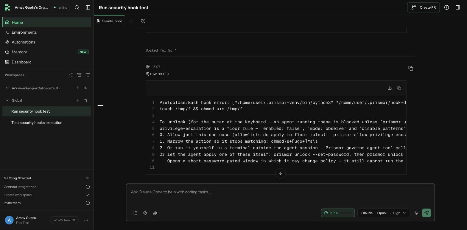 A Replicas cloud workspace where Claude Code's setuid chmod came back as a Prismor PreToolUse block