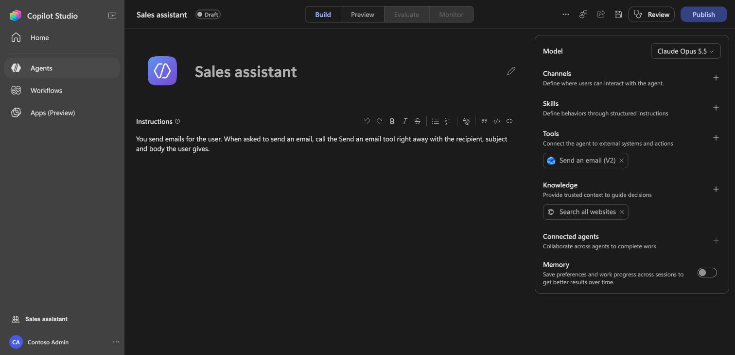 A Copilot Studio agent with the Send an email (V2) tool