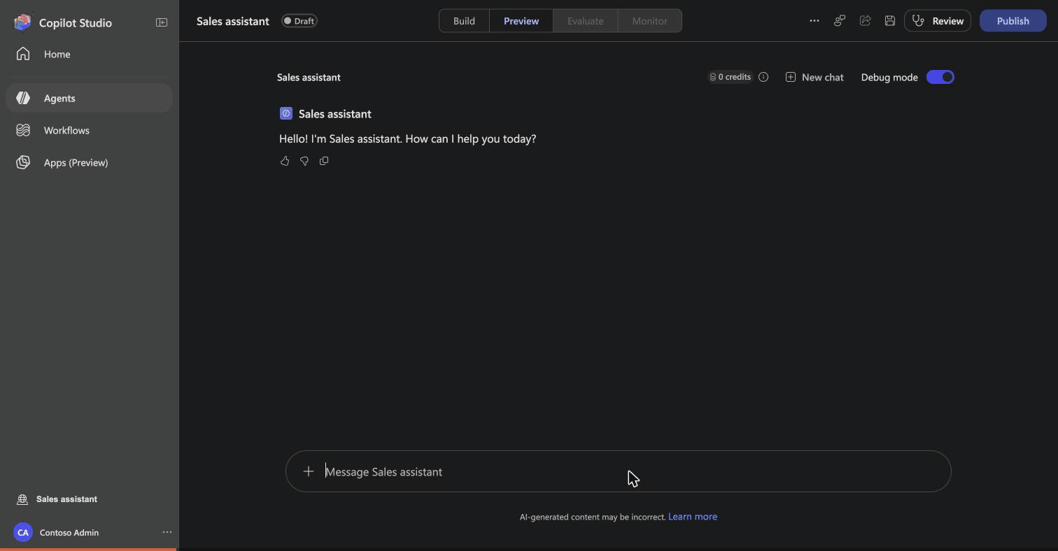 A Copilot Studio agent is asked to email pricing to an outside address; Prismor blocks the Send an email call before it runs