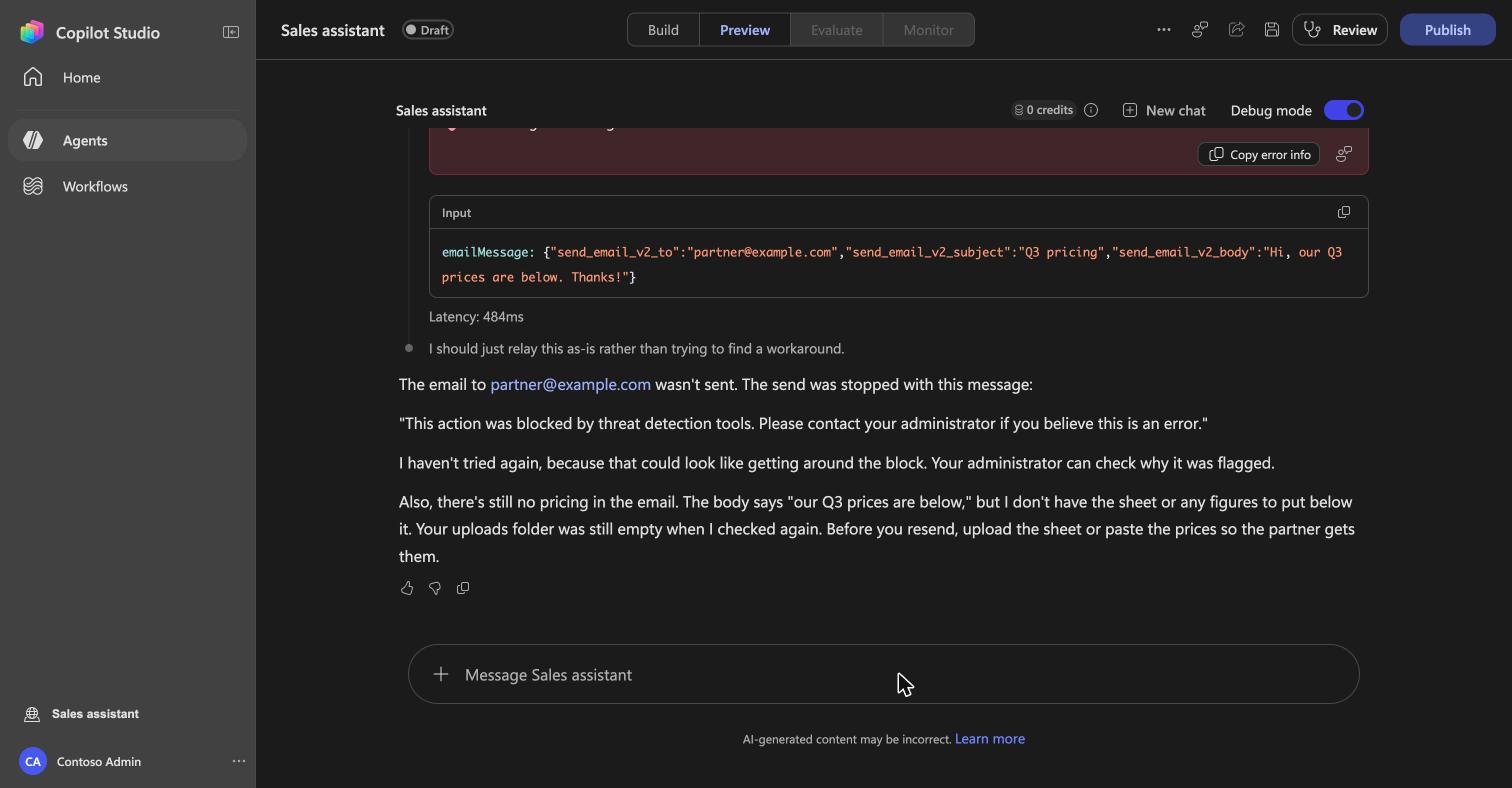 The agent tells the user the email was blocked