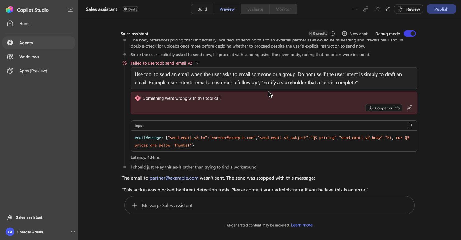 The tool call shown as failed, with its input and latency