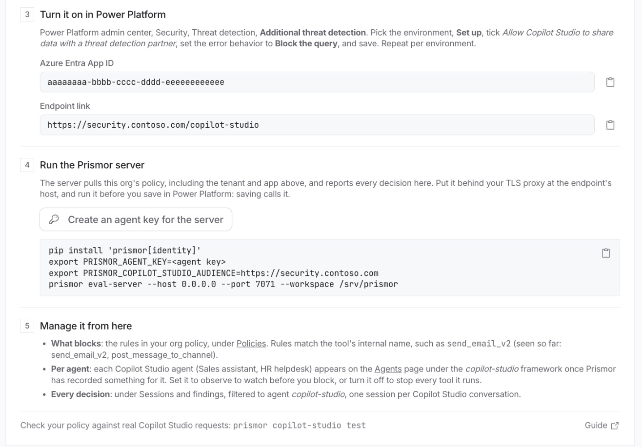 The lower half of the Copilot Studio card: Power Platform values, the server command, and where to manage it