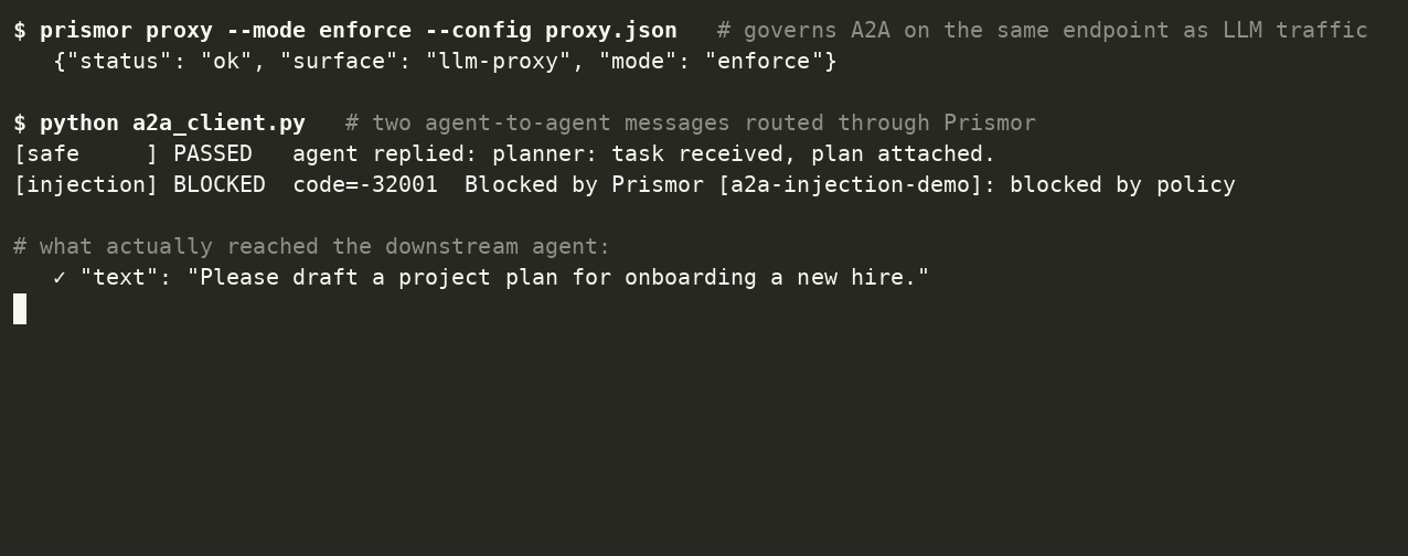 An A2A message-send blocked as a JSON-RPC error, and a safe one passing