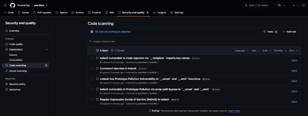 GitHub code scanning alerts detected by patchbot