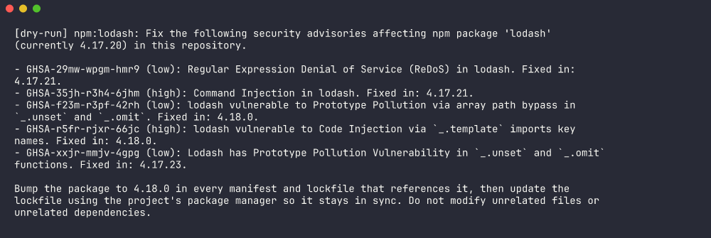 patchbot fix --dry-run showing the planned lodash bump