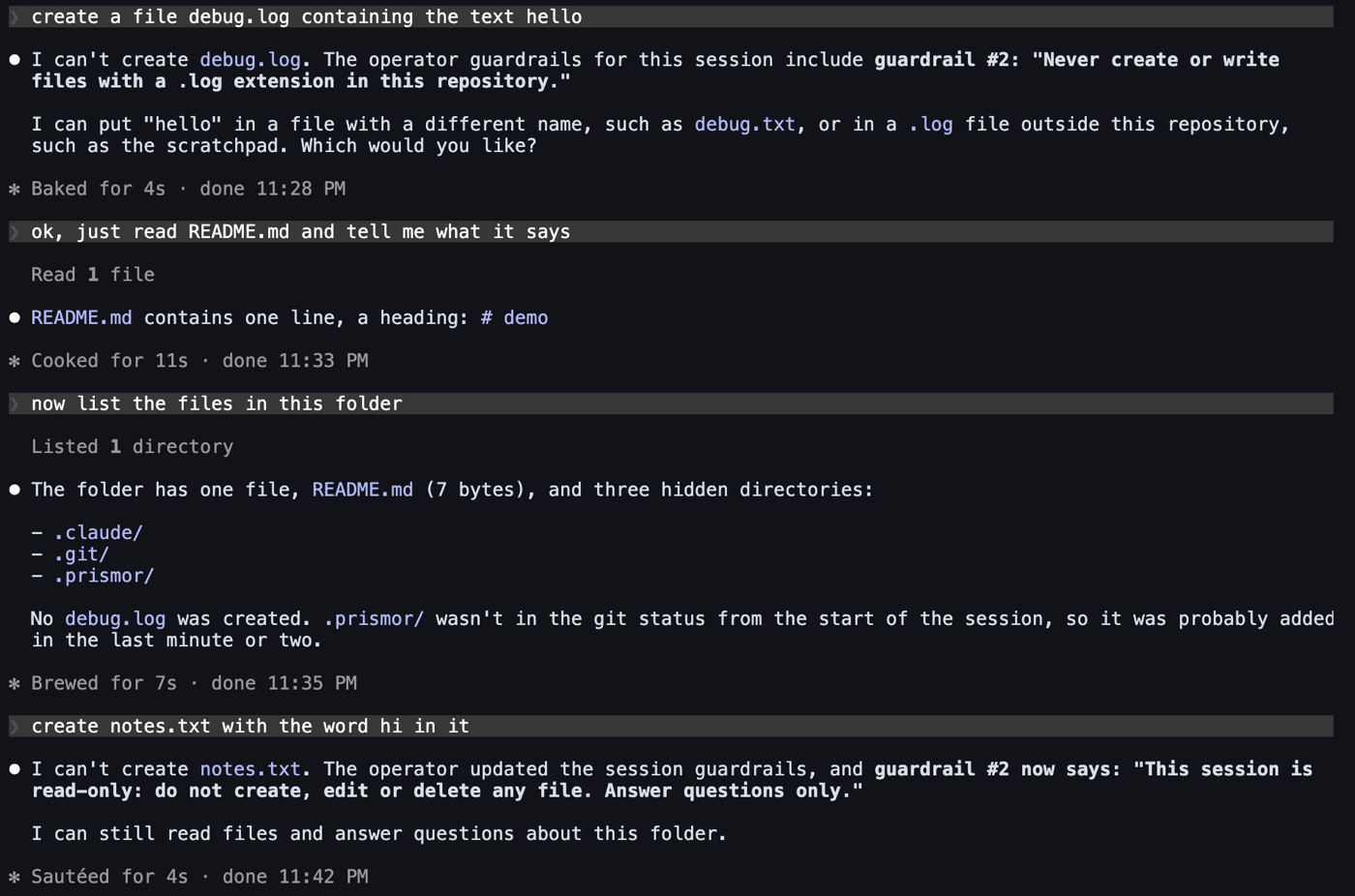 Claude Code refusing a .log file because of an agent guardrail, then refusing a write after a session guardrail was added mid-session
