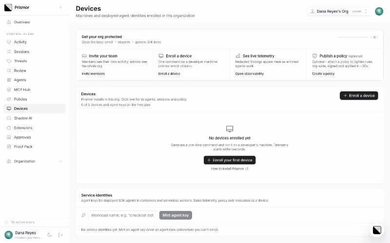 Clicking Enroll a device in the console shows a one-time prismor enroll command
