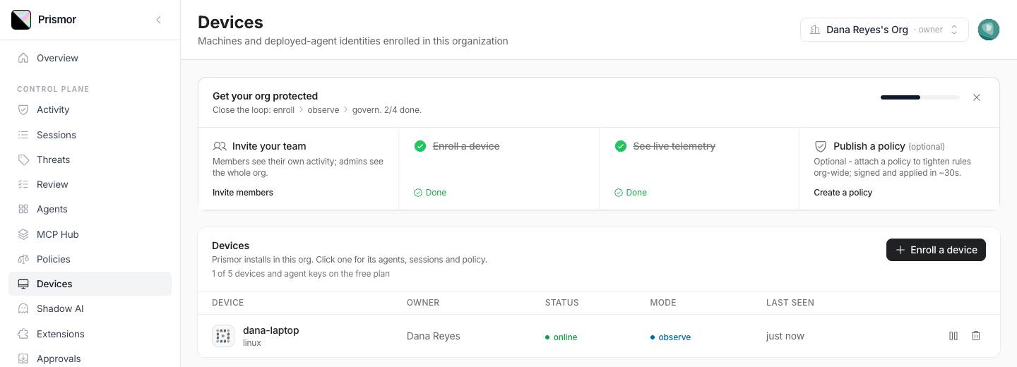 Devices list showing dana-laptop online in observe mode