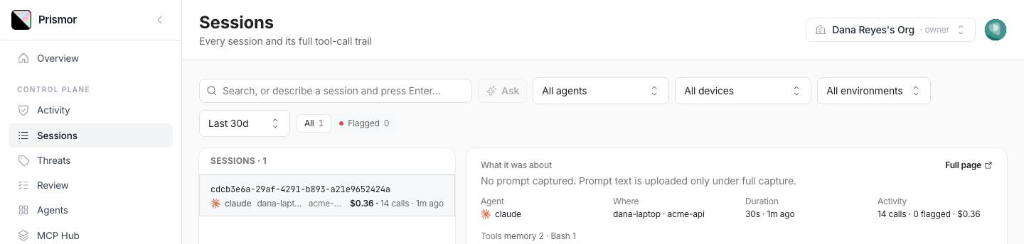 Sessions list showing a Claude Code session from dana-laptop with 14 calls