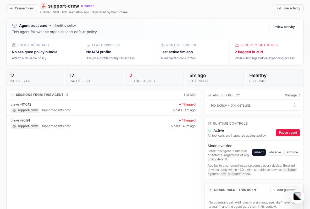 Agent page for support-crew: sessions, applied policy, Pause agent and mode override