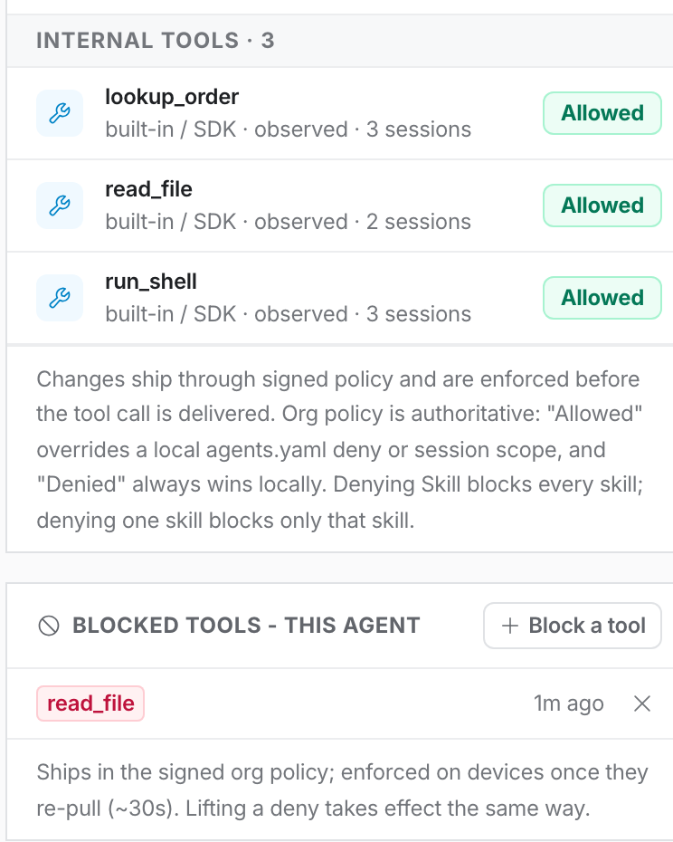 Blocked tools for support-maf: read_file blocked at the agent level