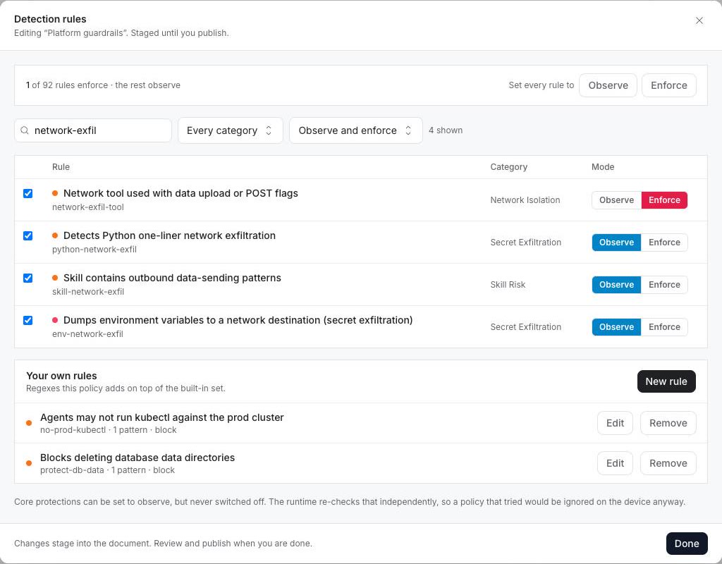 Detection rules dialog: network-exfil-tool set to Enforce, and a custom rule protect-db-data added