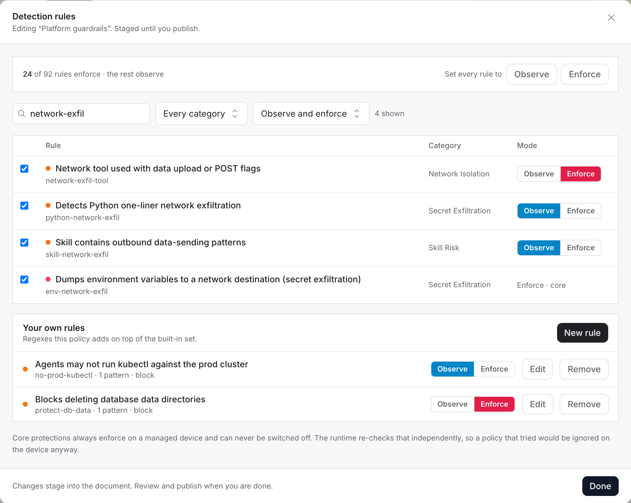 Detection rules dialog: network-exfil-tool set to Enforce, and a custom rule protect-db-data added