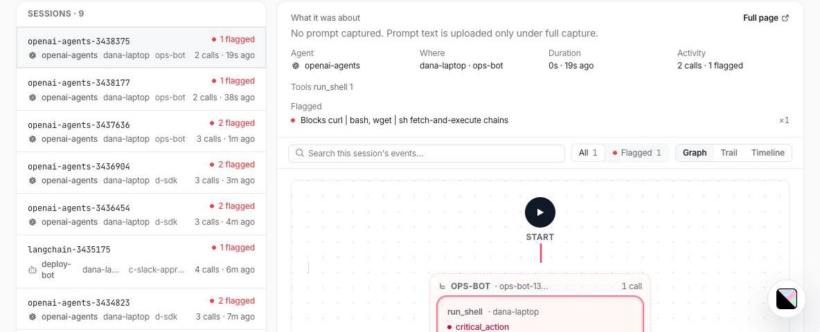 Sessions list showing openai-agents runs from ops-bot with the curl-pipe-sh call flagged
