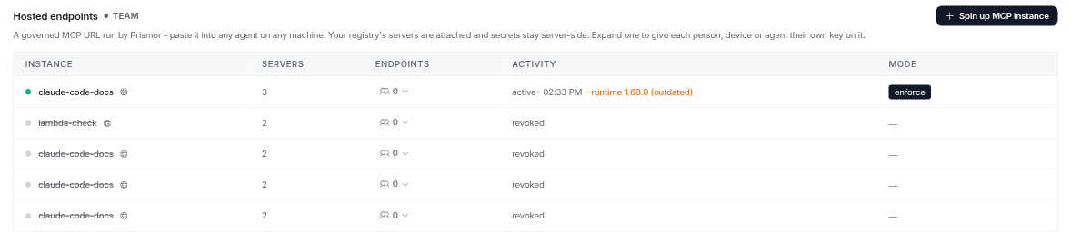 Hosted endpoints table: claude-code-docs with 3 servers, active at 02:33 PM on runtime 1.68.0, flagged outdated, in enforce mode, above older revoked endpoints