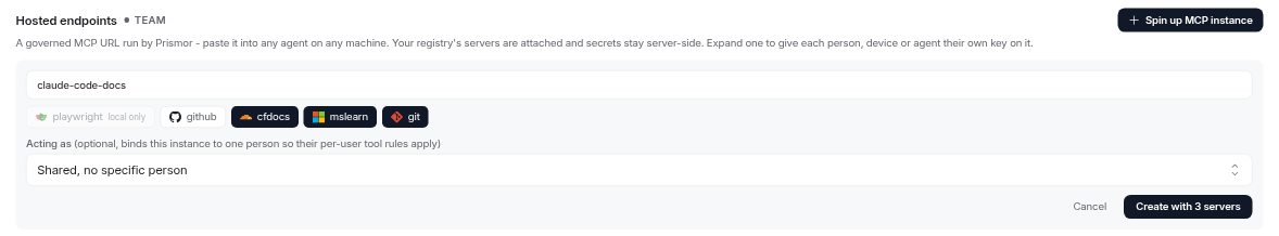 Spin up MCP instance: label claude-code-docs, playwright greyed out as local only, github left out, cfdocs, mslearn and git selected, Acting as: Shared, no specific person, Create with 3 servers