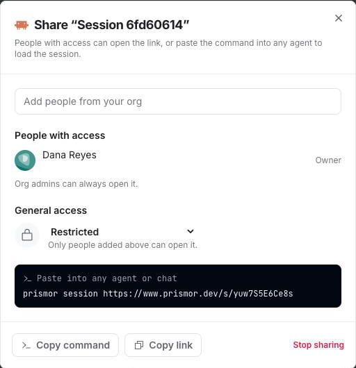 Share dialog: restricted access with the owner listed, a share link, and Copy command / Copy link / Stop sharing