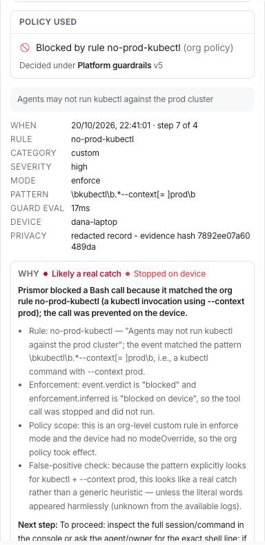 Why panel: "Likely a real catch · Stopped on device", with the rule, enforcement and false-positive reasoning