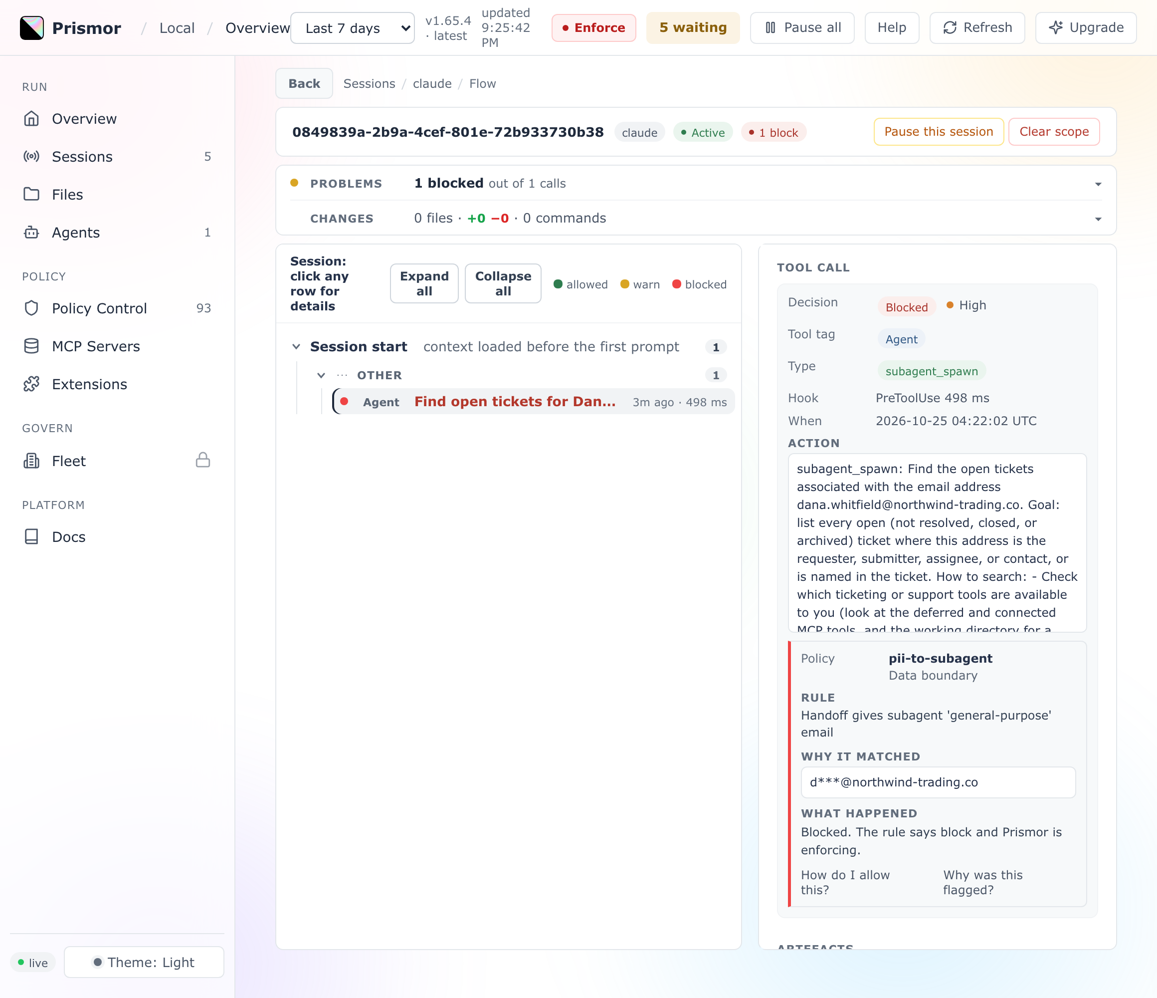 Dashboard: the blocked handoff, rule pii-to-subagent, Handoff gives subagent 'general-purpose' email, evidence d***@northwind-trading.co