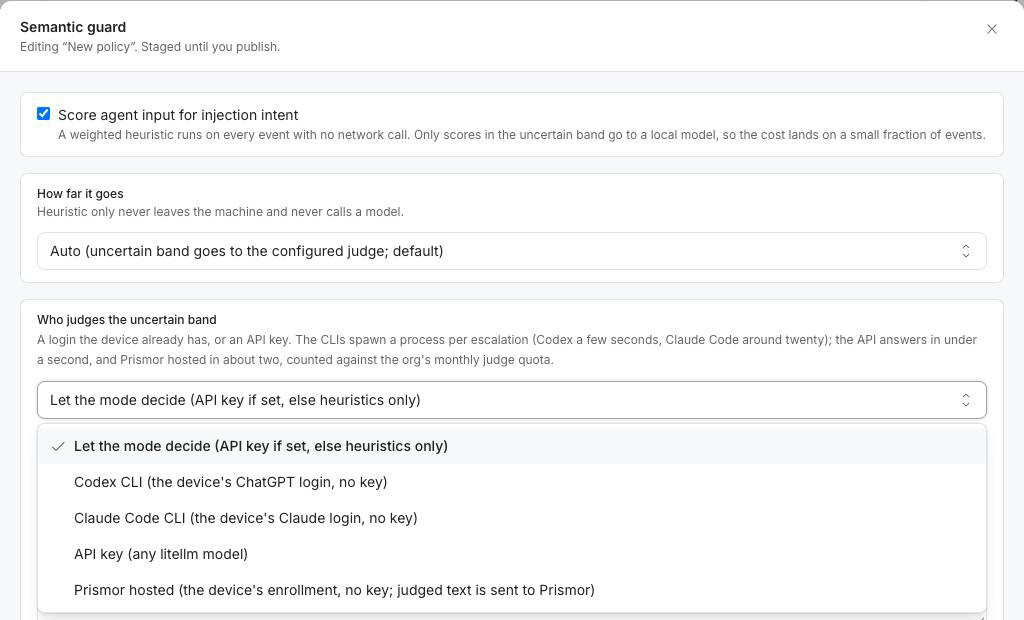 The Semantic guard editor in the console with the judge picker open