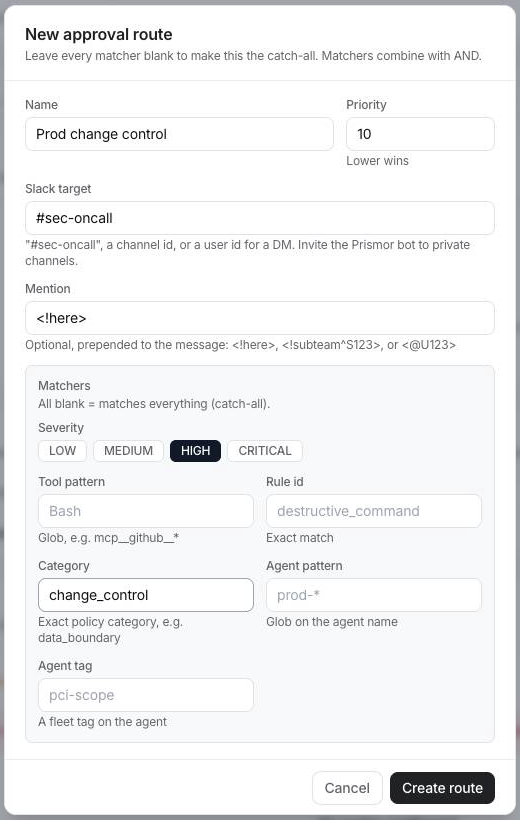 New approval route: Prod change control, priority 10, #sec-oncall, mention here, severity HIGH, category change_control