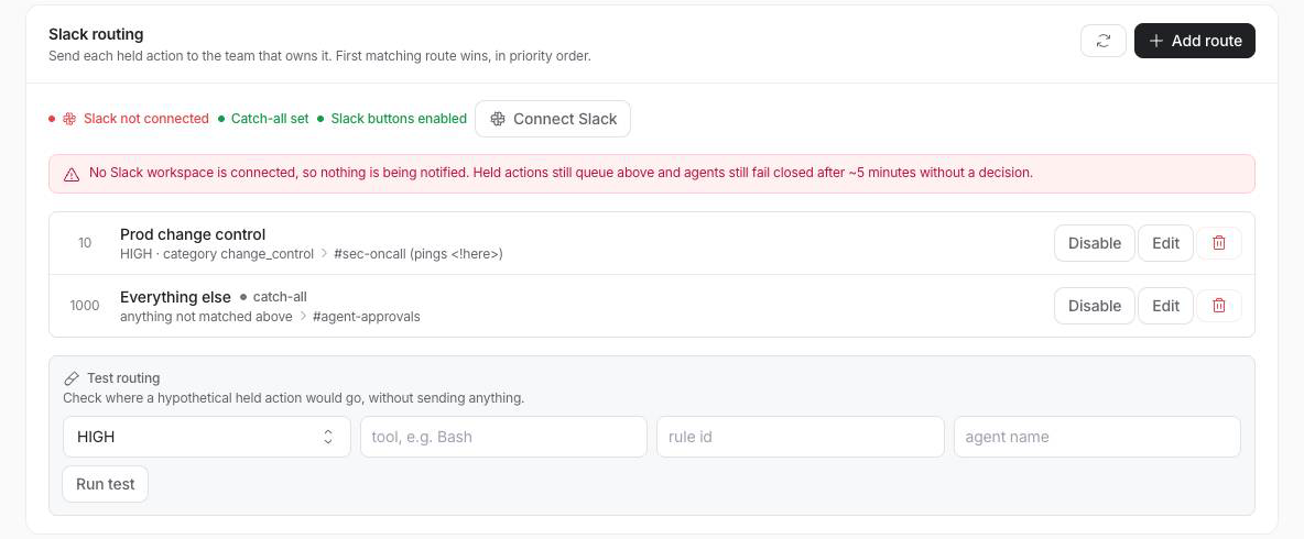 Two routes: Prod change control to #sec-oncall, and an Everything else catch-all to #agent-approvals