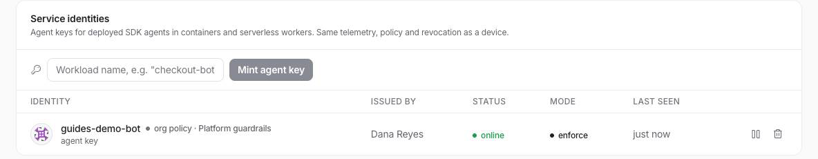 Service identities: guides-demo-bot online in enforce mode under the org policy