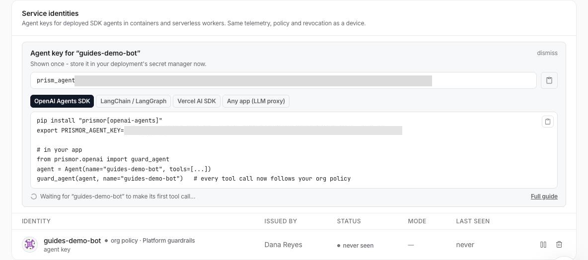 Agent key for guides-demo-bot, shown once, with setup snippets for OpenAI Agents SDK, LangChain, Vercel AI SDK and the LLM proxy