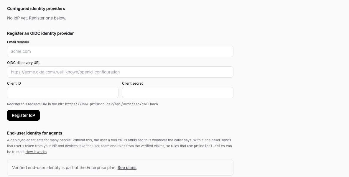 Single Sign-On page: register an OIDC identity provider with email domain, discovery URL, client ID and secret