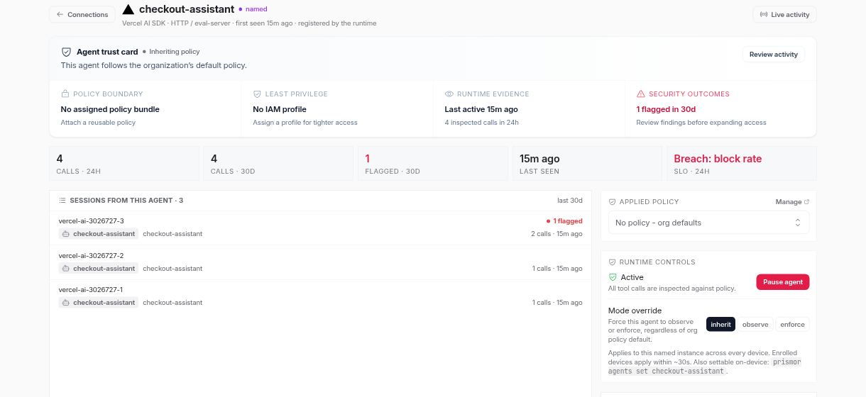 checkout-assistant agent page: Vercel AI SDK via HTTP / eval-server, trust card, 4 calls, 1 flagged, three sessions, applied policy and runtime controls with pause and mode override