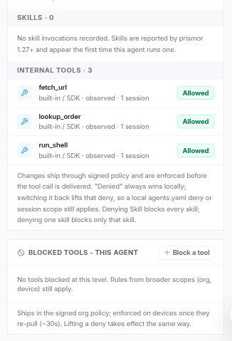 Tool access: internal tools fetch_url, lookup_order and run_shell, each observed in one session and Allowed, with Block a tool below