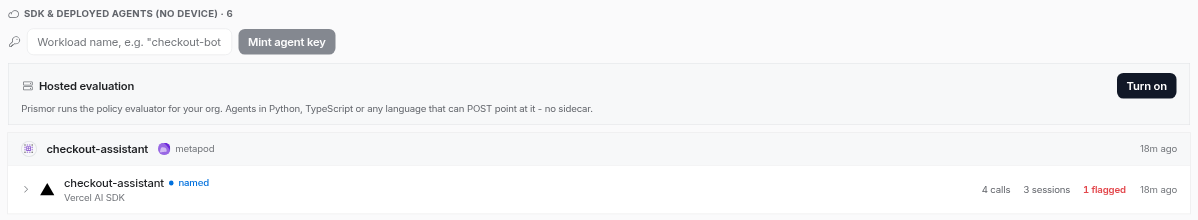 SDK and deployed agents: the checkout-assistant identity with the named checkout-assistant Vercel AI SDK agent, 4 calls, 3 sessions, 1 flagged