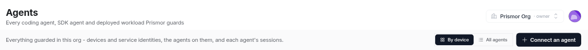 The Agents page header with the By device and All agents toggle and the Connect an agent button