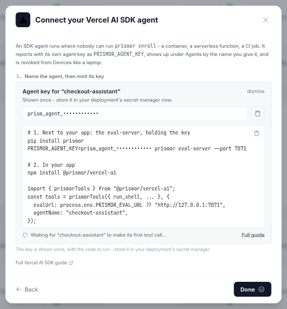 Agent key for checkout-assistant, shown once and masked here, with the eval-server command and the prismorTools code, waiting for the first tool call