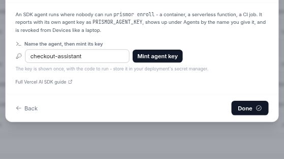 Connect your Vercel AI SDK agent: the agent name checkout-assistant typed next to the Mint agent key button