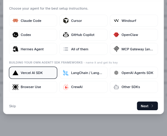 Which agent are you using? Vercel AI SDK is selected under SDK frameworks, below the coding agents