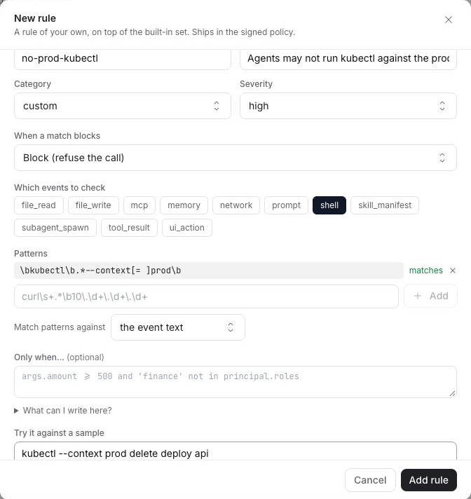 The New rule form with the kubectl pattern showing "matches" against a sample command