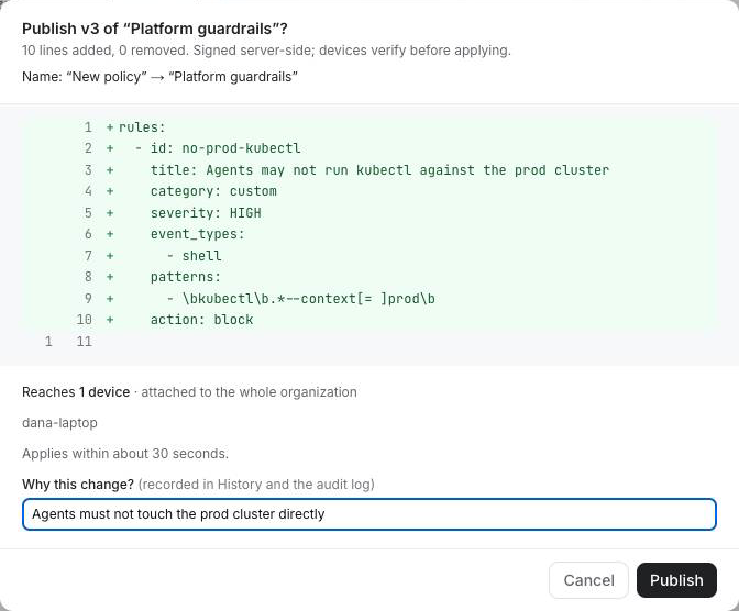 Publish dialog: diff of the new rule, "Reaches 1 device", and the reason field